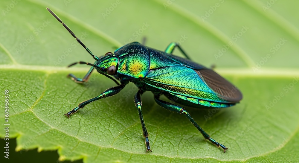 Fototapeta premium Iridescent Jewel Bug on Green Leaf.