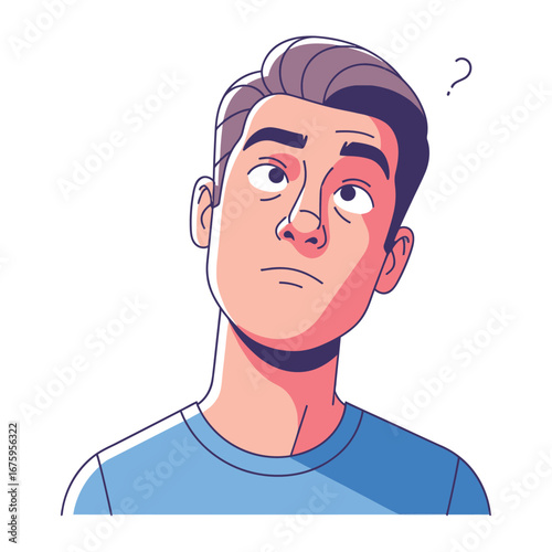 Moment of Contemplation: A simplified digital illustration portrays a thoughtful individual with a questioning expression, his gaze directed upward as if in a moment of deep introspection. 