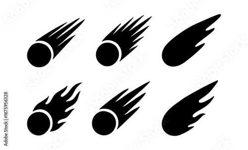 Dynamic comet icons in silhouette style with flame variations