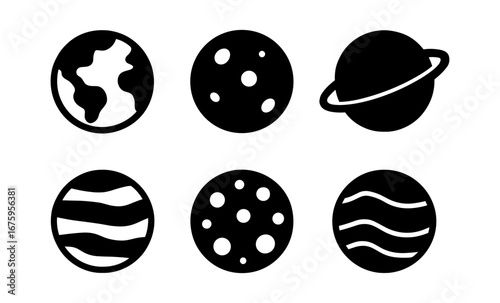 Silhouette planet icons set: earth, moon, saturn, and more celestial bodies