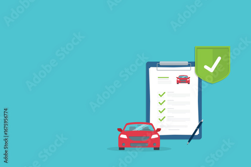 Car insurance document, report. Paper agreement checklist or loan checkmarks form list approved with automobile icon, vehicle financial, car dealership legal deal.