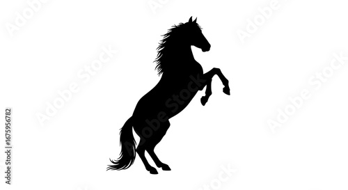 A powerful black silhouette of a majestic horse rearing up on its hind legs.