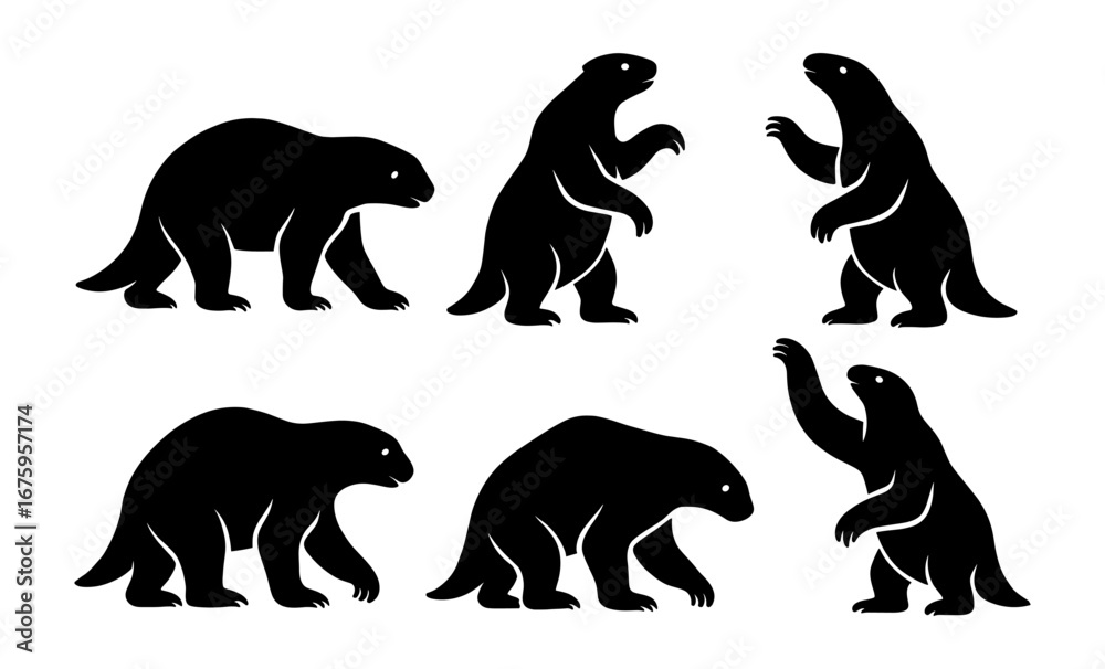 Fototapeta premium Silhouette collection of sloth bear poses in black design on white background