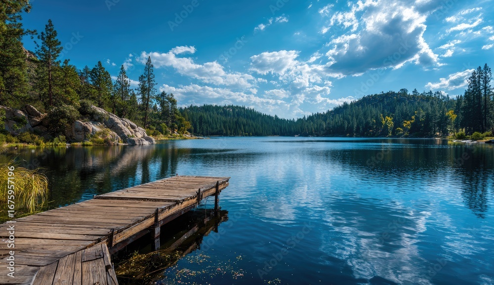 Fototapeta premium Serene lake with wooden dock under a vast sky