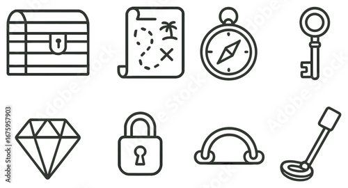 Treasure hunt linear icon set. featuring chest, map, compass, key, diamond, lock, arch, detector symbols