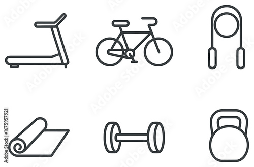 Fitness equipment linear icon set. featuring treadmill, bicycle, jump rope, mat, dumbbell, kettlebell