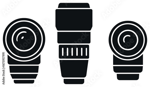 Camera equipment 3d icon set. featuring lens, camera, telephoto, zoom, and aperture symbols
