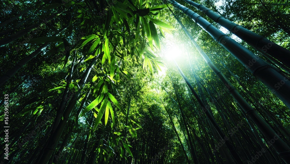 Naklejka premium Lush bamboo forest, sunlight filtering through