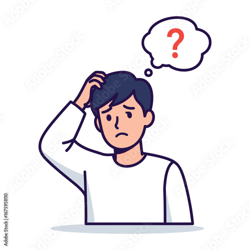 A Moment of Thought: An individual is lost in a whirlwind of confusion, as a symbol of perplexity emerges above them in a vivid illustration, signifying contemplation and problem-solving.