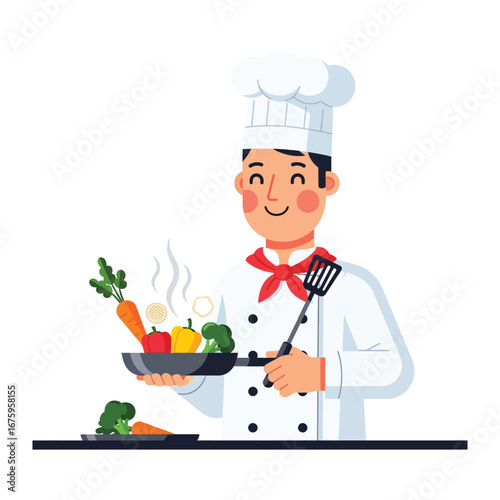 Culinary Artist's Palette: A cheerful culinary expert presents an enticing array of colorful vegetables artfully arranged in a pan, exuding culinary creativity and the joy of cooking.