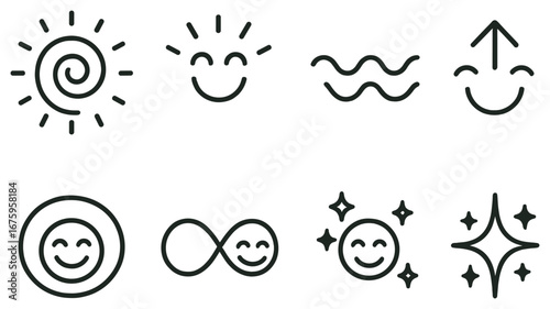 Smile and positivity linear icon set. featuring sun, happiness, wave, arrow, circle, infinity, stars, sparkle symbols