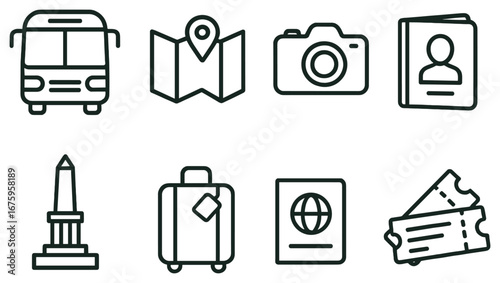 Travel and tourism linear icon set. featuring bus, map, camera, id, monument, luggage, passport, and tickets