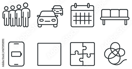 Linear transportation and organization icon set. featuring people, car, calendar, sofa, phone, square, puzzle, and knot symbols.