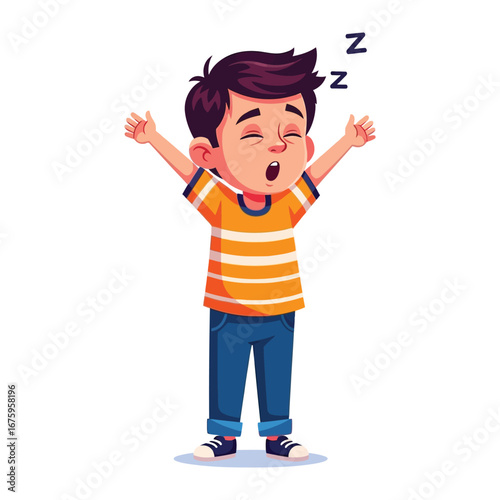 Dreamy Slumber: A young child in casual attire, eyes shut and mouth agape, expresses sleepiness in an illustrated form, emphasizing rest and the dream state.