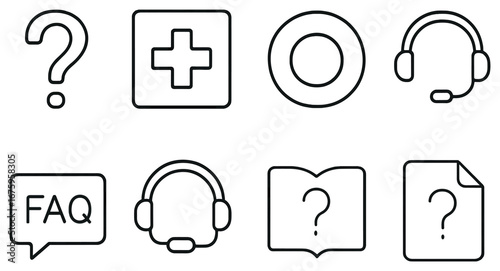 Help and support linear icon set. featuring question mark, headset, faq, book, file, cross symbols