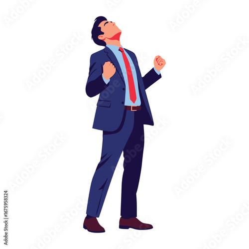 Business Success and Triumph: An excited professional in a tailored suit exults in the moment of achievement. This image showcases a vector-based illustration of business success.