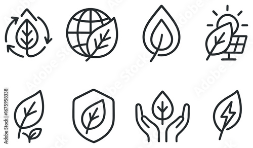 Sustainability linear icon set. featuring recycle, globe, leaf, solar, eco, protection, care, energy symbols