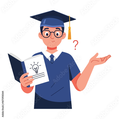 Scholar's Quandary: A young scholar wearing a graduation cap and spectacles, grapples with a complex idea, book in hand. a visual depiction of intellectual curiosity and critical thinking.