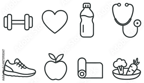 Fitness and health linear icon set. featuring dumbbell, heart, bottle, stethoscope, shoe, apple, mat, salad