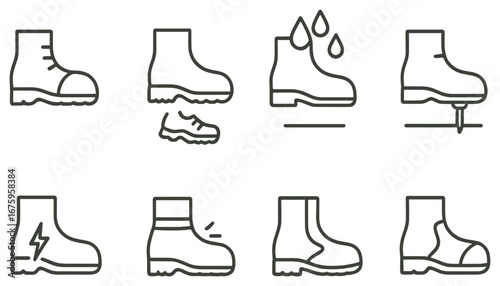 Boots linear icon set. featuring steel-toe, hiking, waterproof, studded, electric, ankle, and protective footwear symbols