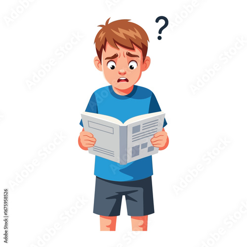 Confused Boy Reading: A bewildered young boy grapples with a challenging book, a visual representation of the struggles of learning. his furrowed brow, a single question mark hover.