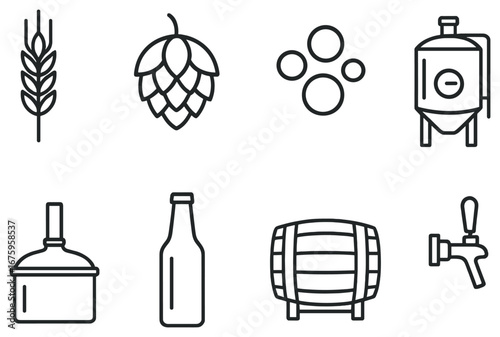 Brewery equipment linear icon set. featuring wheat, hops, yeast, fermenter, bottle, barrel, tap symbols