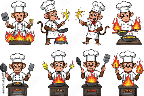 PrintCartoon monkey chef cooking with flames, stirring pans, flipping bananas, and preparing delicious food in a fun kitchen setting.