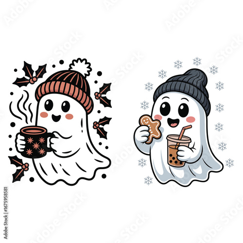 Cute cartoon ghosts enjoying warm drinks and snacks in winter