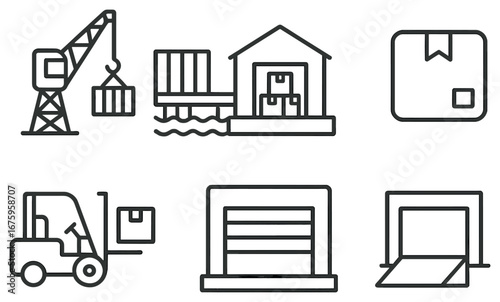 Logistics and warehouse linear icon set. featuring crane, warehouse, forklift, cargo, shipping, dock