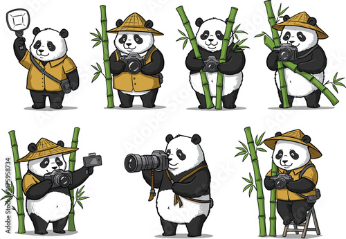 PrintCartoon pandas dressed as photographers with cameras and bamboo, wildlife photography theme, cute animal characters in playful poses for vector illustration design