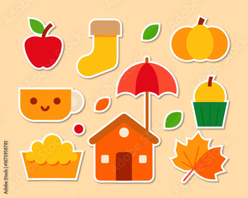 Cute Autumnal Stickers Featuring an Apple Sock Pumpkin Cup Umbrella House Leaf and Desserts