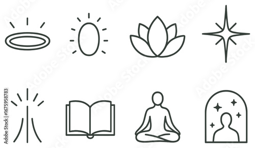 Spiritual practices linear icon set. featuring halo, meditation, lotus, radiance, prayer, open book, yoga, stargazing