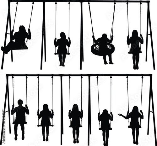 Silhouette vector illustration of children sitting and swinging on playground swings, showcasing childhood fun, outdoor activity, and playful motion moments.