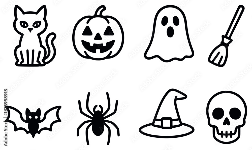 Naklejka premium Halloween linear icon set. featuring cat, pumpkin, ghost, broom, bat, spider, witch hat, skull symbols