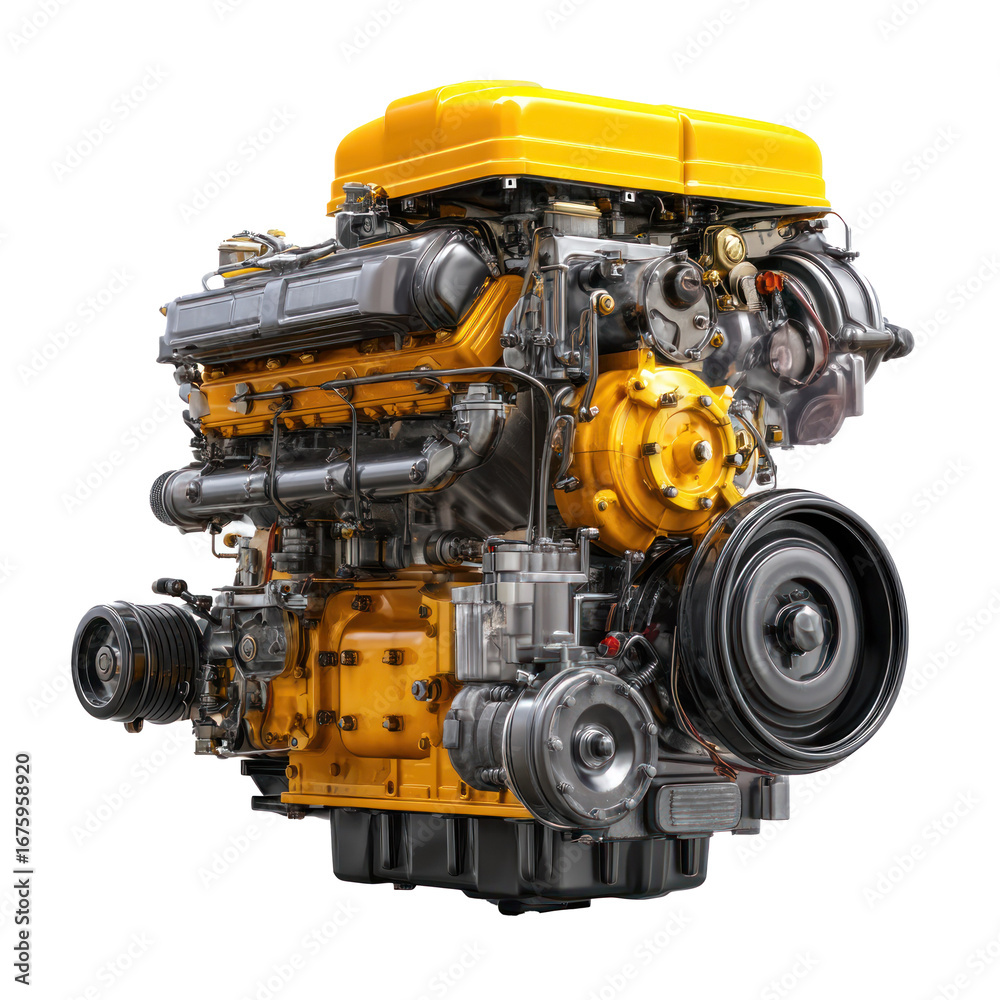Fototapeta premium Tractor engine exposed for maintenance isolated on transparent background
