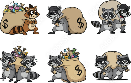 PrintCartoon raccoons stealing treasure bags, funny animal thieves, colorful loot, teamwork, crime scene, kids illustration, vector clipart, humor