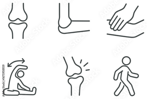 Human anatomy linear icon set. featuring knee joint, elbow, hand, stretching, knee pain, and walking symbols