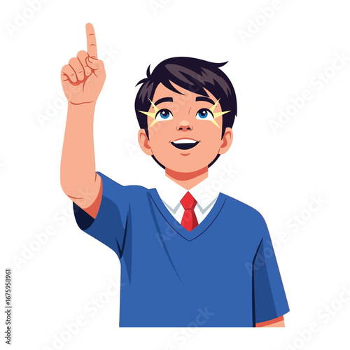 Bright Idea: A youthful, animated boy, radiates the spark of inspiration as he points upwards, his eyes shining with a eureka moment, illustration of a concept or a breakthrough idea.