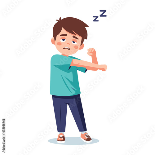 Sleepy Morning: A drowsy cartoon boy stretches after a long night's sleep, ready to start his day with a yawn and a stretch, depicting a universal experience.