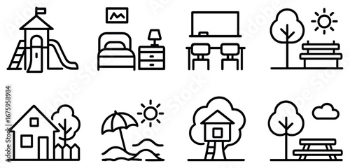Outdoor and indoor linear icon set. featuring playground, bedroom, classroom, beach, house, treehouse, and park symbols