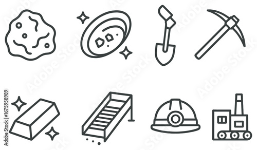 Mining tools and material linear icon set. featuring stone, gold, shovel, pickaxe, ingot, helmet, conveyor, factory