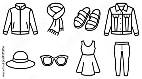 Fashion apparel linear icon set. featuring jacket, scarf, sandals, denim jacket, hat, sunglasses, dress, pants