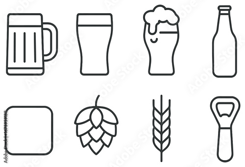 Beer and brewery linear icon set. featuring mug, pint, frothy glass, bottle, hops, wheat, coaster, opener