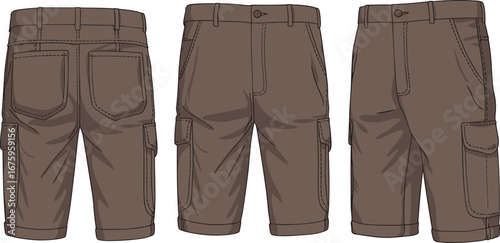 Brown cargo shorts technical fashion vector illustration showing front, back, and side views with detailed pockets, stitching, waistband, and closure design