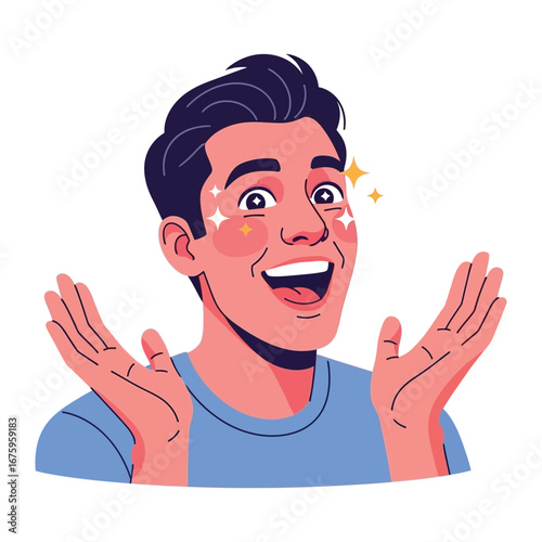 Astonished Expression: A close-up illustration portrays a joyful man expressing pure delight and astonishment with radiant star effects.