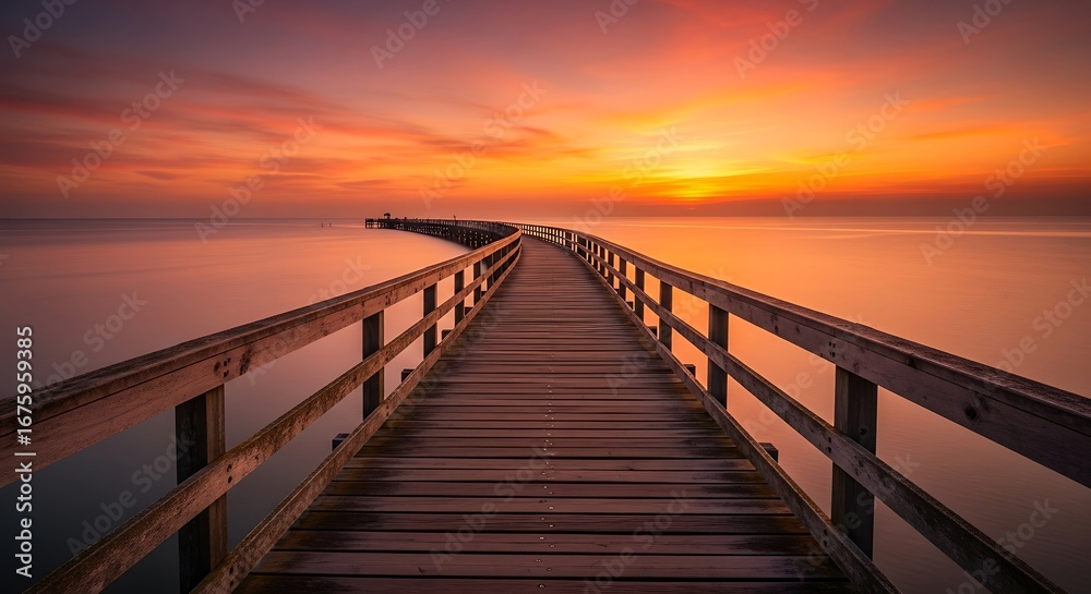 Fototapeta premium Long wooden pier stretching into the ocean at vibrant sunset.
