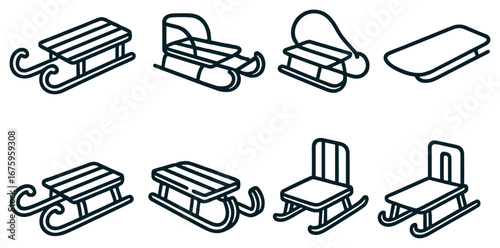 Winter sports linear icon set. featuring sled, sleigh, and toboggan symbols