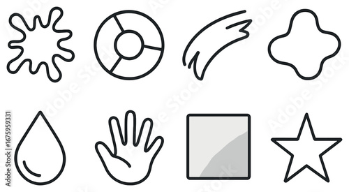 Abstract shapes linear icon set. featuring splat, ring, streak, clover, droplet, handprint, square, star
