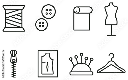 Fashion and sewing linear icon set. featuring thread, buttons, fabric, mannequin, zipper, pattern, pin cushion, hanger