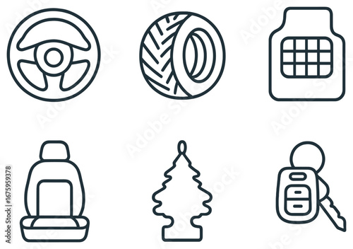 Car interior linear icon set. featuring steering wheel, tire, floor mat, seat, air freshener, and backpack
